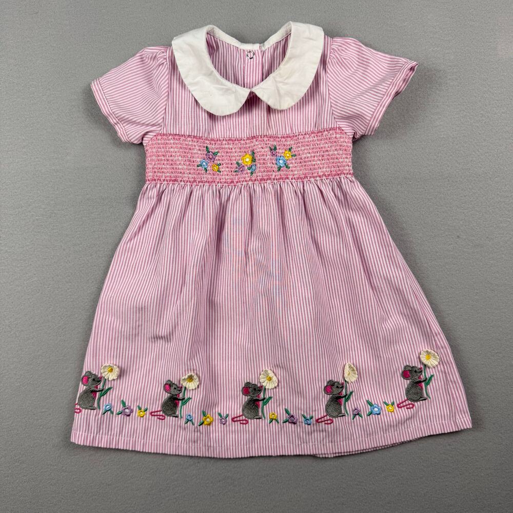 Girls Pink Mouse Embroidered Smocked Dress 2Y Peter Pan